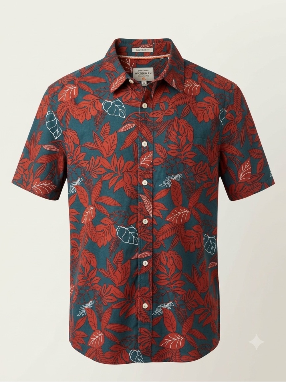 Quiksilver Waterman SS Shirt Mens L Red Blue Floral Hawaiian Button Comfort Fit